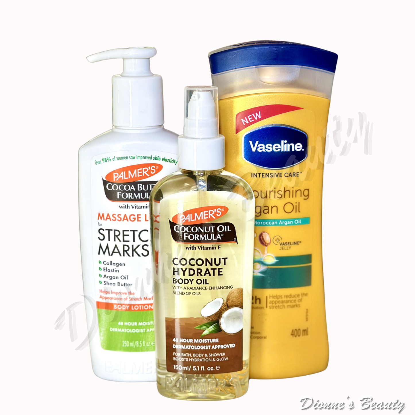 Soft Skin Therapy Bundle (Palmer's Stretch Mark Massage Lotion 8.5Oz + Vaseline Nourishing Argan Oil Lotion 400mL + Coconut Hydrate Body Oil 5.1fl.Oz)