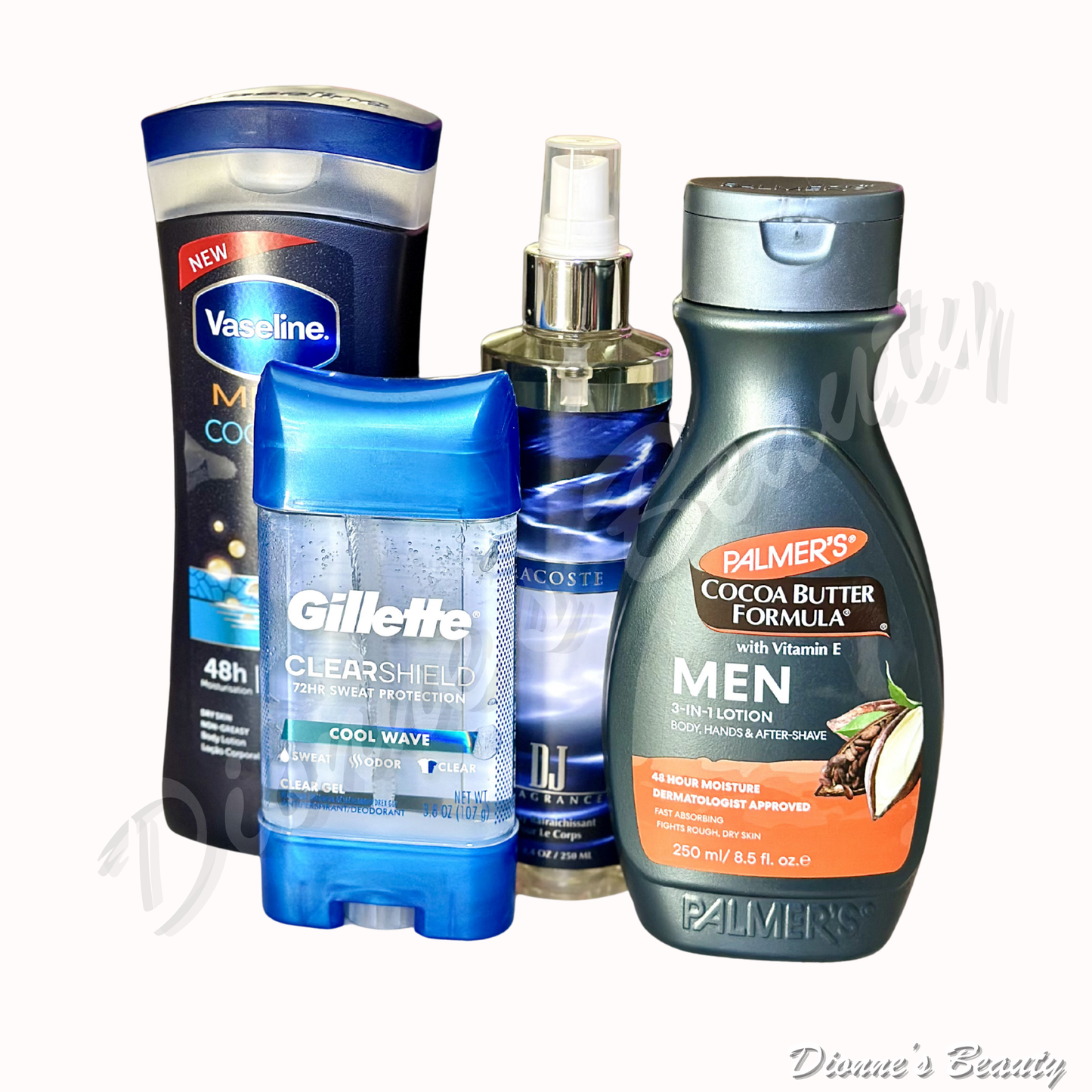 Men's Fresh Start Kit (Vaseline Men Cooling Lotion 400mL + Palmer's Cocoa Butter Men Lotion 8.5Oz + DJ Fragrance Body Spray for Men 8.4Oz + Gillette ClearShield Cool Wave Deodorant 72hrs 3.8Oz)