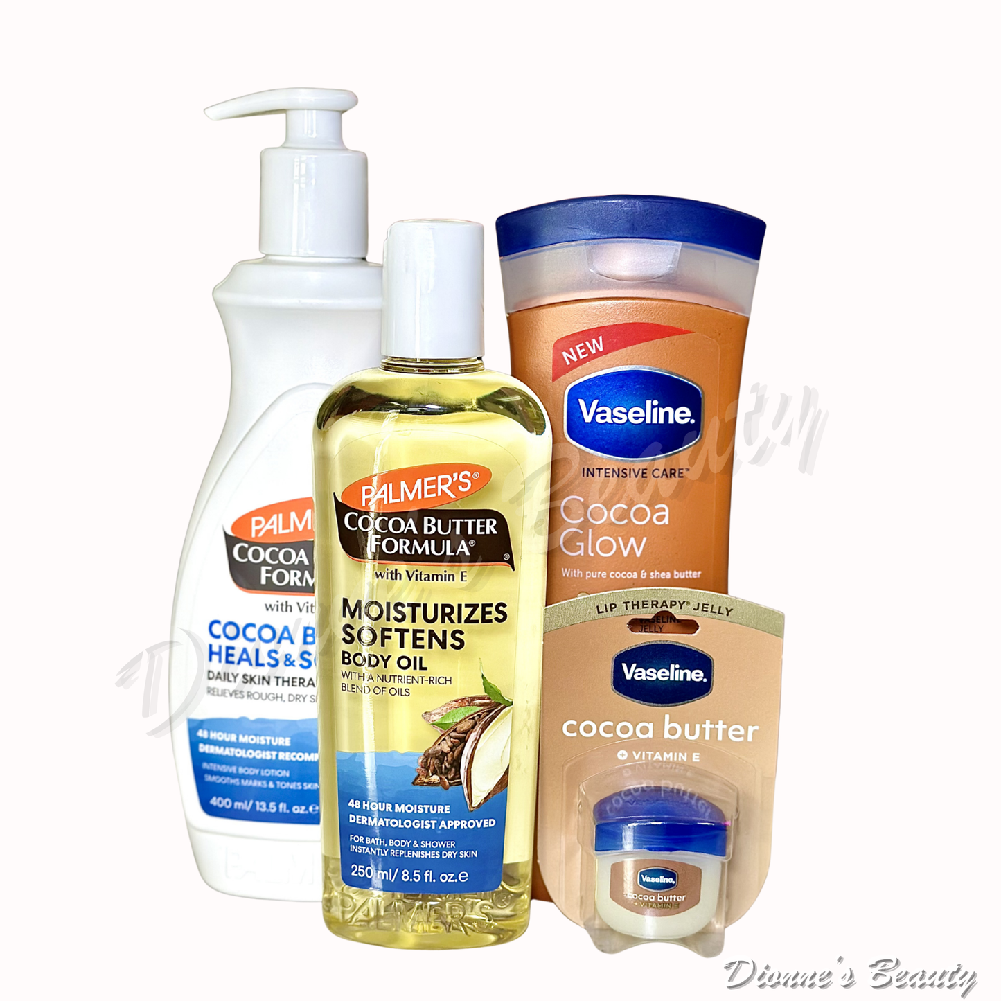 Golden Glow & Hydration Set (Palmer's Cocoa Butter Heals & Softens Lotion 13.5Oz + Vaseline Cocoa Glow Lotion 400mL + Palmer's Cocoa Butter Moisturizing Body Oil 8.5Fl.Oz + Vaseline Cocoa Butter Lip Therapy Jelly Jar 0.25 Oz)