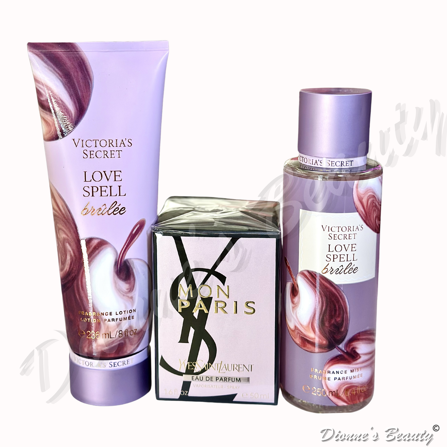 Sweet Bloom Fragrance Set (YSL Mon Paris 1.6Oz + Victoria Secret Love Spell Body Mist 8.4Oz + Victoria Secret Love Spell Fragrance Lotion 8Oz)