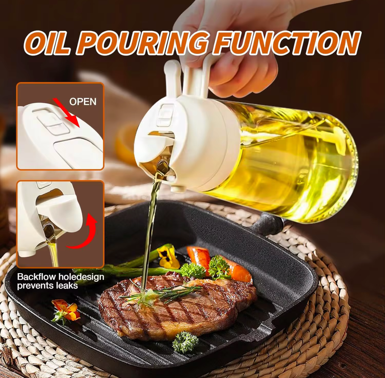 2 in 1 Oil & Vinegar Glass Bottle Container Mist Dispenser Cooking Oil Sprayer for Kitchen Use with Easy Grip Handle