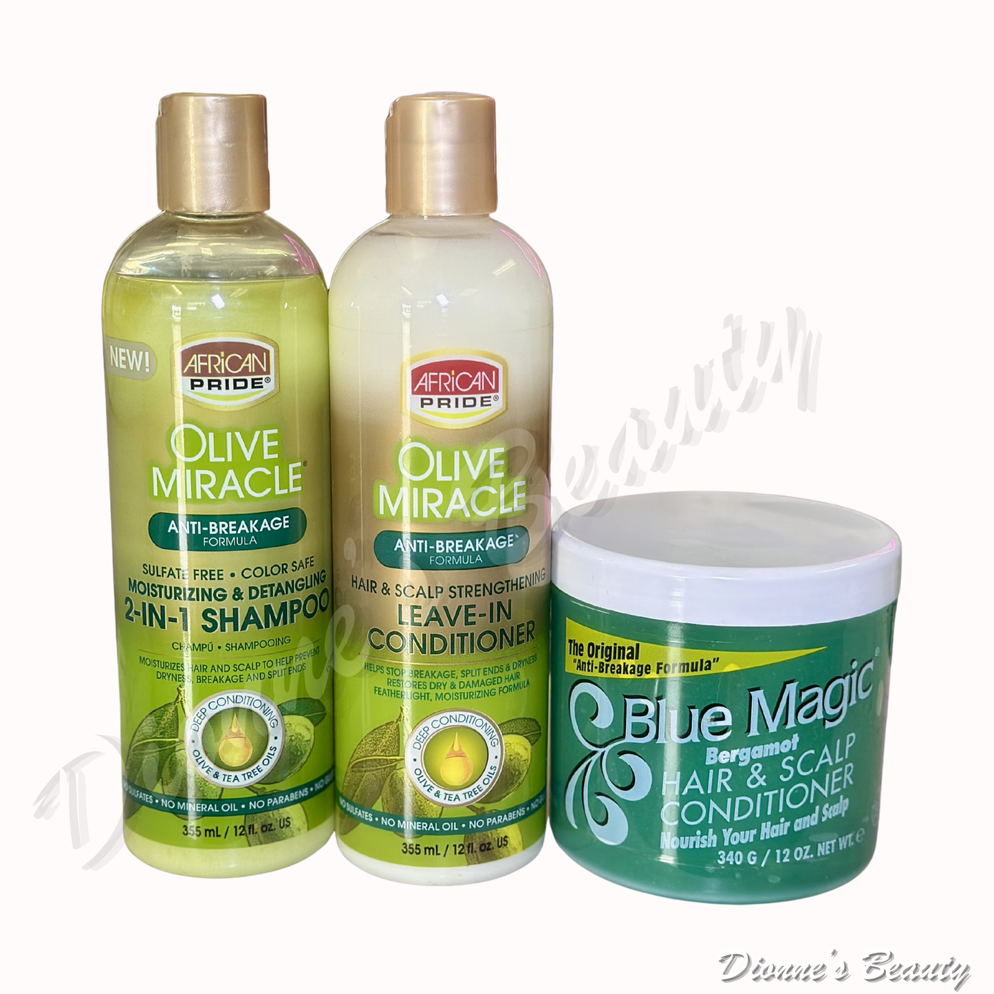 Wash Day Essential Bundle #2 (African Pride Olive Miracle 2-IN-1 Shampoo 12fl.Oz + African Pride Olive Miracle Leave-In Conditioner 12fl.Oz + Blue Magic Bergamot Hair & Scalp Grease 12Oz)
