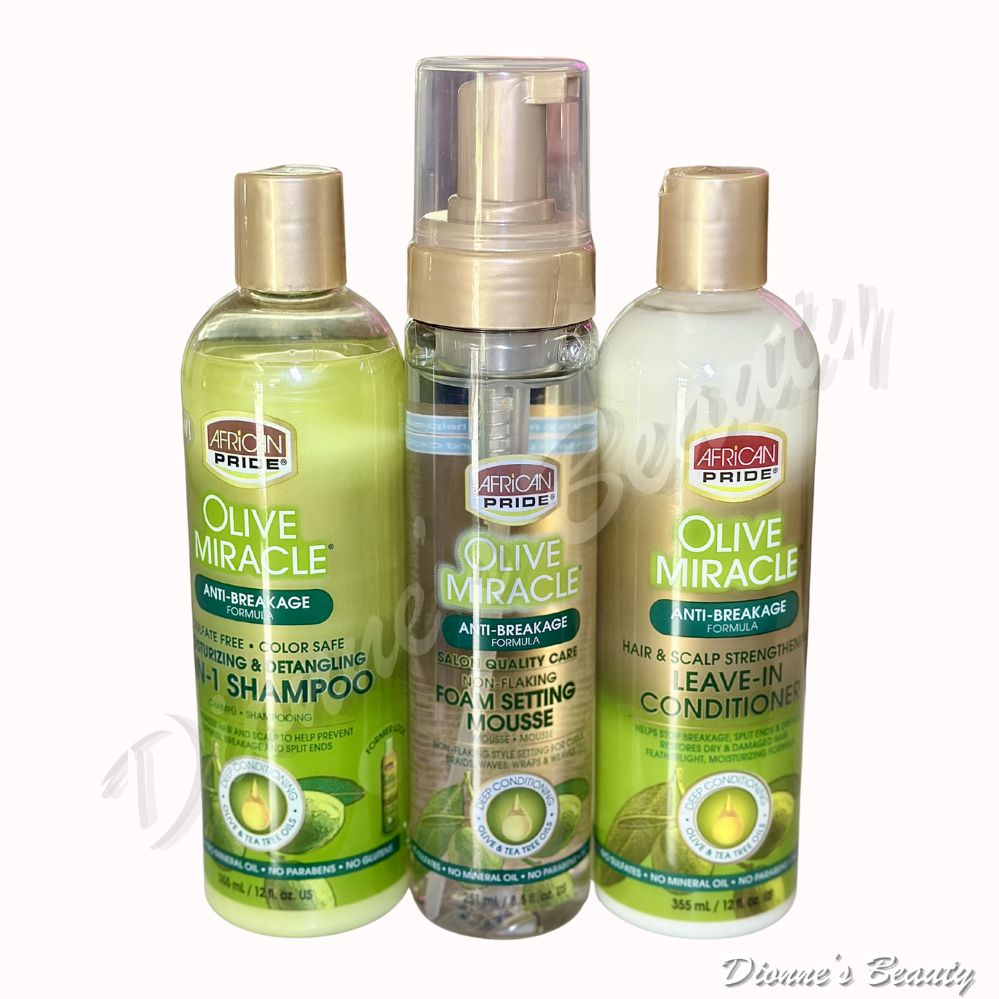 Wash Day Essential Bundle #1 (African Pride Olive Miracle 2-IN-1 Shampoo 12fl.Oz + African Pride Olive Miracle Leave-In Conditioner 12fl.Oz + Olive Miracle Foam Setting Mousse 8.5fl.Oz) +