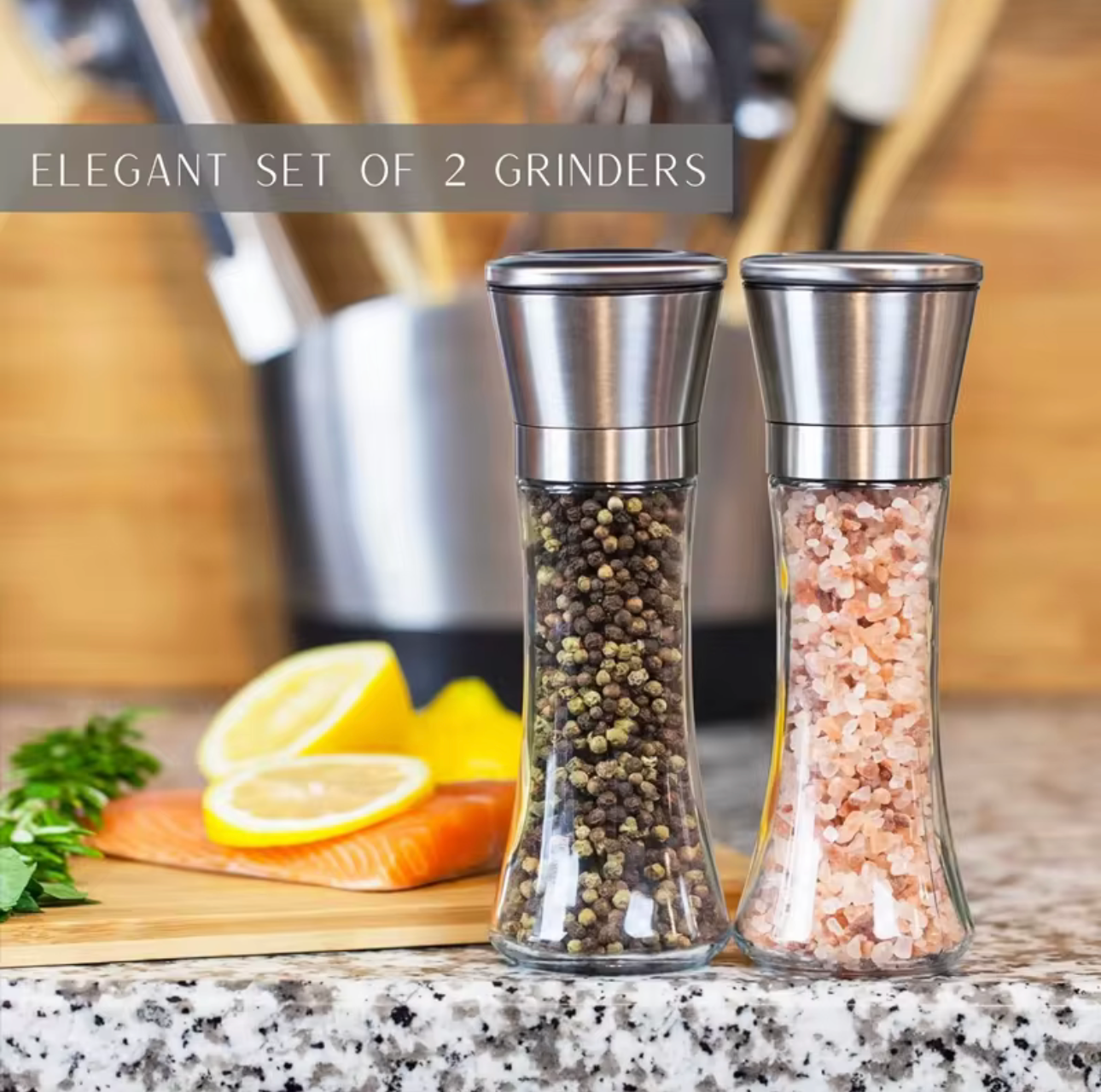 Salt & Pepper Mill Set Stainless Steel Manual Pepper Grinder Automatic Adjustable Refillable Salt & Pepper Grinder with Stand