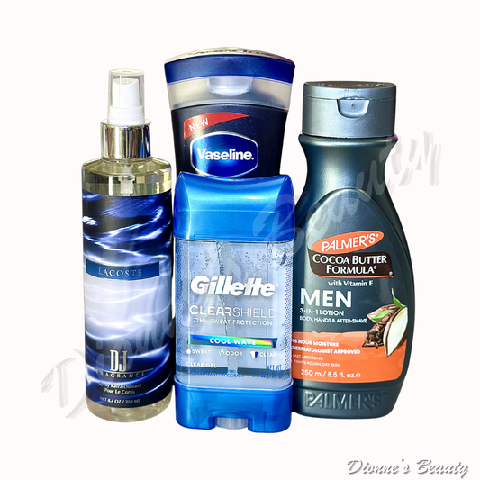 Men's Fresh Start Kit (Vaseline Men Cooling Lotion 400mL + Palmer's Cocoa Butter Men Lotion 8.5Oz + DJ Fragrance Body Spray for Men 8.4Oz + Gillette ClearShield Cool Wave Deodorant 72hrs 3.8Oz)