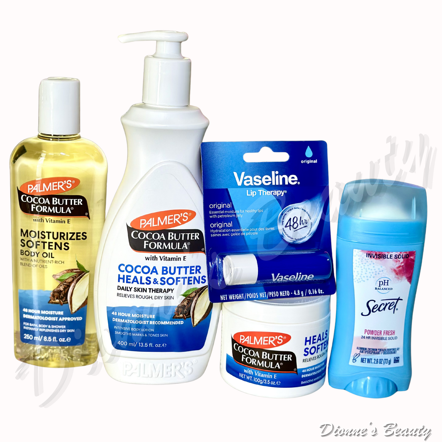 Cocoa Radiant Repair Kit (Palmer's Cocoa Butter Body Oil 8.5Oz + Cocoa Butter Heals & Softens Lotion 13.5Oz + Cocoa Butter Cream Jar with Vitamin E 3.5Oz + Secret Powder Fresh Deodorant 2.6Oz + Vaseline Lip Therapy Original Jar 0.16Oz)