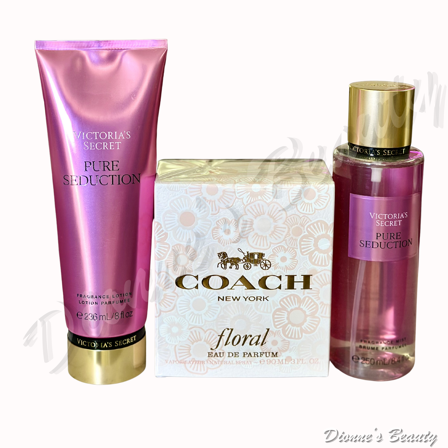 Date Night Romance Mist Set (Coach Floral EDP for Women 3.4Oz +Victoria Secret Pure Seduction Body Mist 8.4Oz + Victoria Secret Pure Seduction Lotion 8Oz)