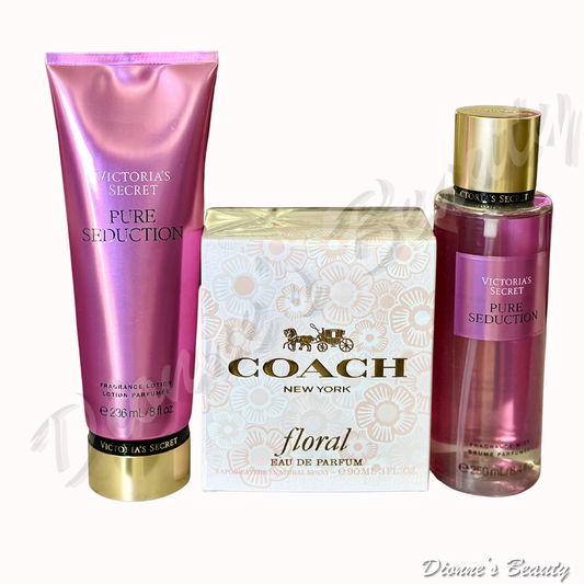 Date Night Romance Mist Set (Coach Floral EDP for Women 3.4Oz +Victoria Secret Pure Seduction Body Mist 8.4Oz + Victoria Secret Pure Seduction Lotion 8Oz)