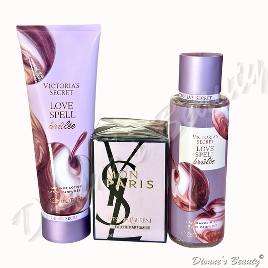 Sweet Bloom Fragrance Set (YSL Mon Paris 1.6Oz + Victoria Secret Love Spell Body Mist 8.4Oz + Victoria Secret Love Spell Fragrance Lotion 8Oz)