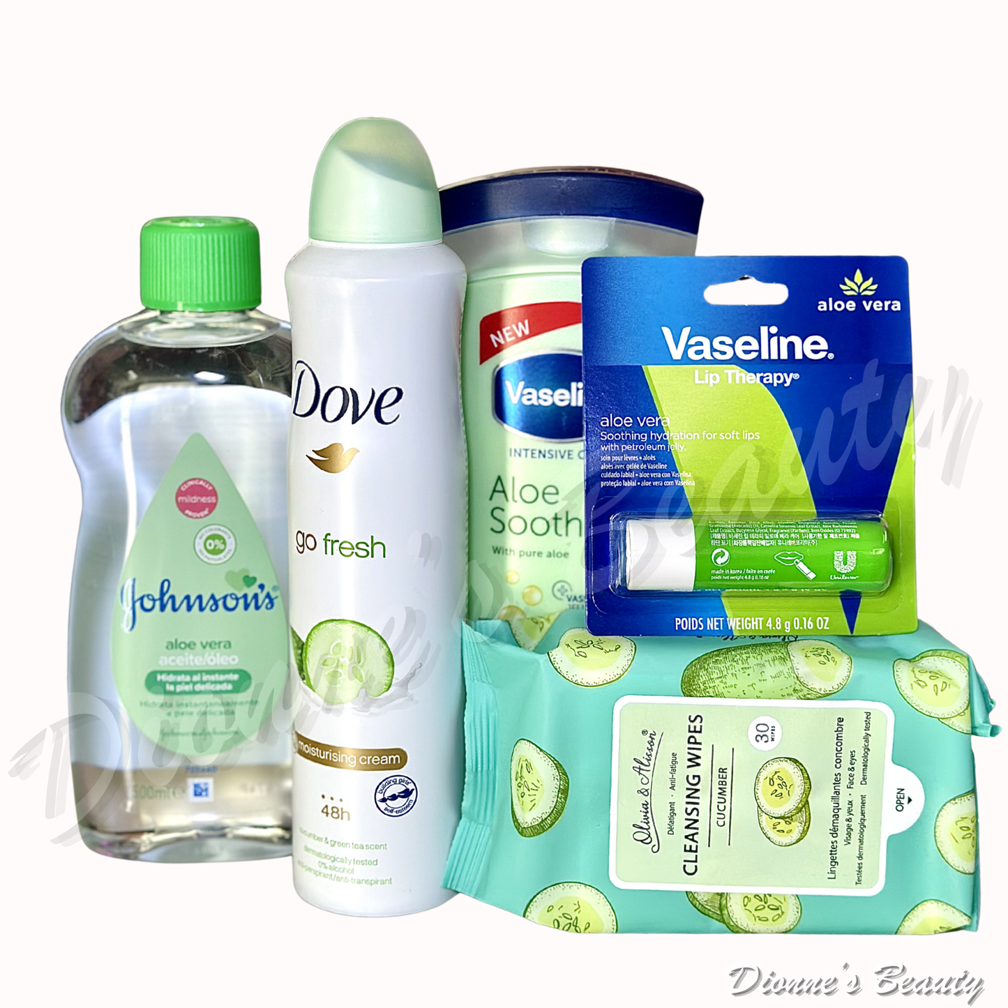 Smooth Gentle Care Daily Set (Vaseline Aloe Soothe 400mL + Dove Go Fresh Deodorant 8.4 Fl.Oz + Vaseline Lip Therapy Aloe Vera 0.16Oz + Cleansing Wipes 30 + Johnson's Aloe Vera Oil 500mL)