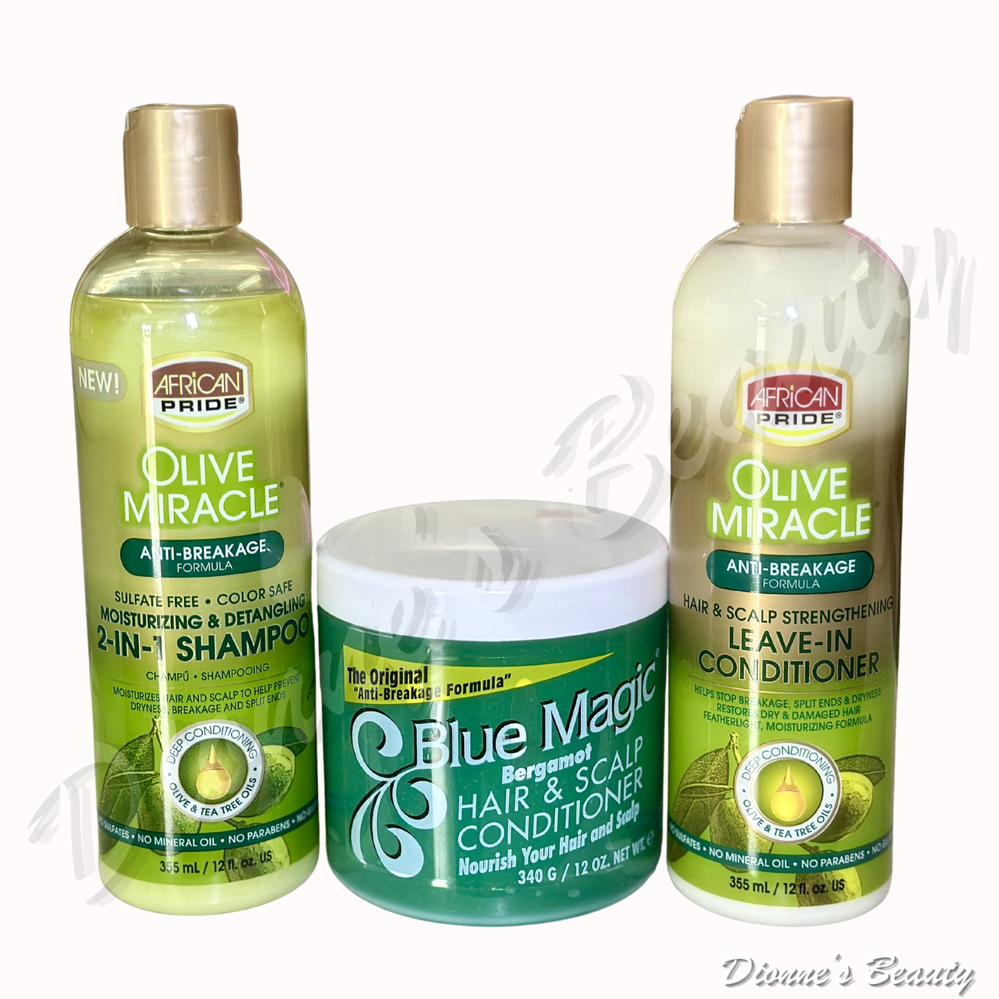 Wash Day Essential Bundle #2 (African Pride Olive Miracle 2-IN-1 Shampoo 12fl.Oz + African Pride Olive Miracle Leave-In Conditioner 12fl.Oz + Blue Magic Bergamot Hair & Scalp Grease 12Oz)