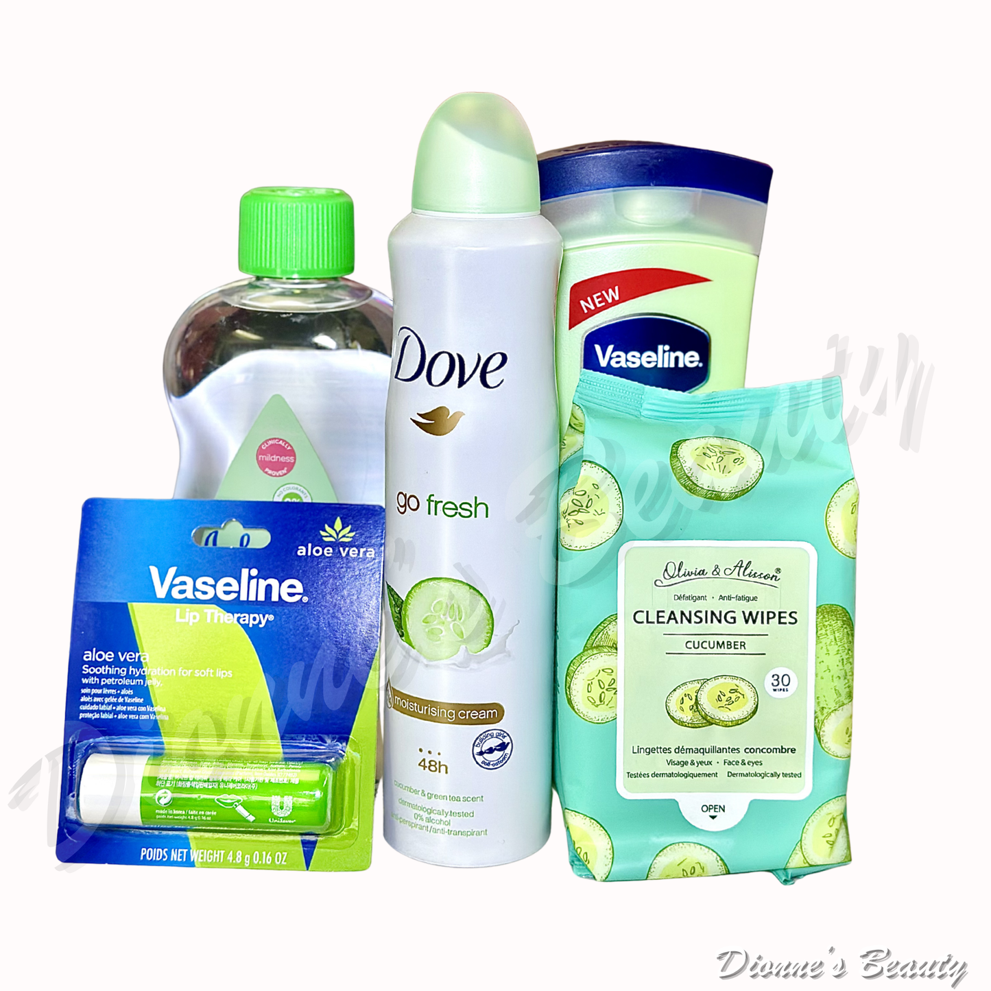 Smooth Gentle Care Daily Set (Vaseline Aloe Soothe 400mL + Dove Go Fresh Deodorant 8.4 Fl.Oz + Vaseline Lip Therapy Aloe Vera 0.16Oz + Cleansing Wipes 30 + Johnson's Aloe Vera Oil 500mL)