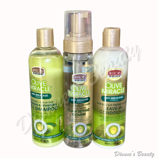 Wash Day Essential Bundle #1 (African Pride Olive Miracle 2-IN-1 Shampoo 12fl.Oz + African Pride Olive Miracle Leave-In Conditioner 12fl.Oz + Olive Miracle Foam Setting Mousse 8.5fl.Oz) +