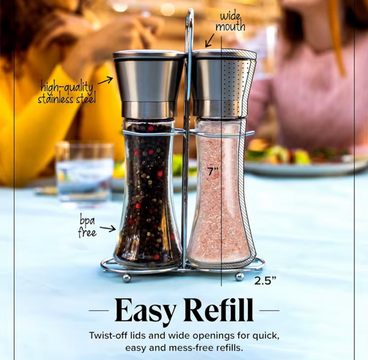 Salt & Pepper Mill Set Stainless Steel Manual Pepper Grinder Automatic Adjustable Refillable Salt & Pepper Grinder with Stand