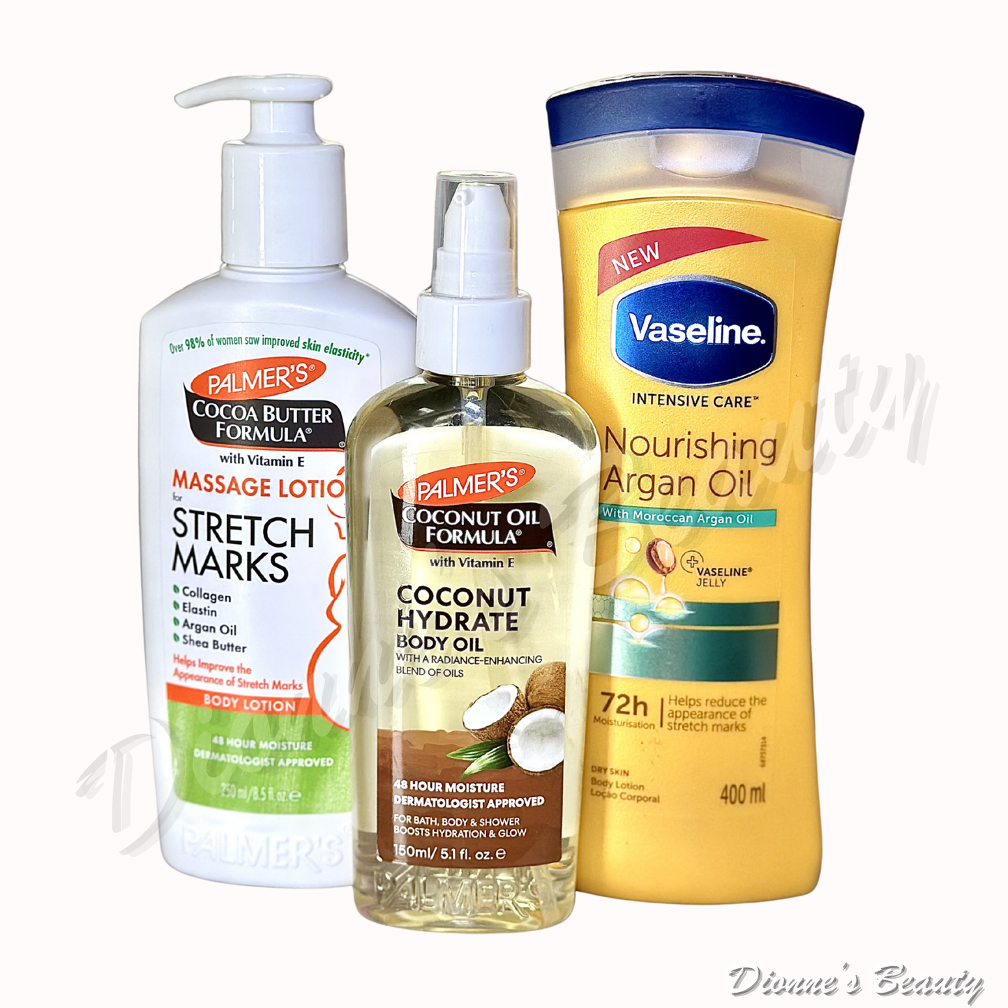 Soft Skin Therapy Bundle (Palmer's Stretch Mark Massage Lotion 8.5Oz + Vaseline Nourishing Argan Oil Lotion 400mL + Coconut Hydrate Body Oil 5.1fl.Oz)