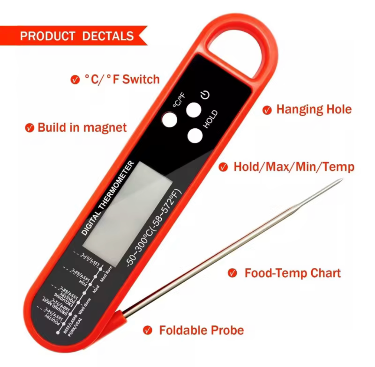 Stainless Steel Wireless Magnetic Digital Cooking Thermometer with Instant Read for Accurate Temperature Monitoring in Kitchen
