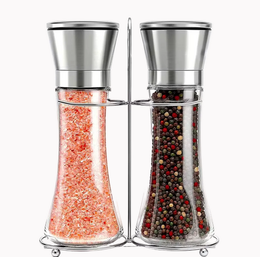 Salt & Pepper Mill Set Stainless Steel Manual Pepper Grinder Automatic Adjustable Refillable Salt & Pepper Grinder with Stand